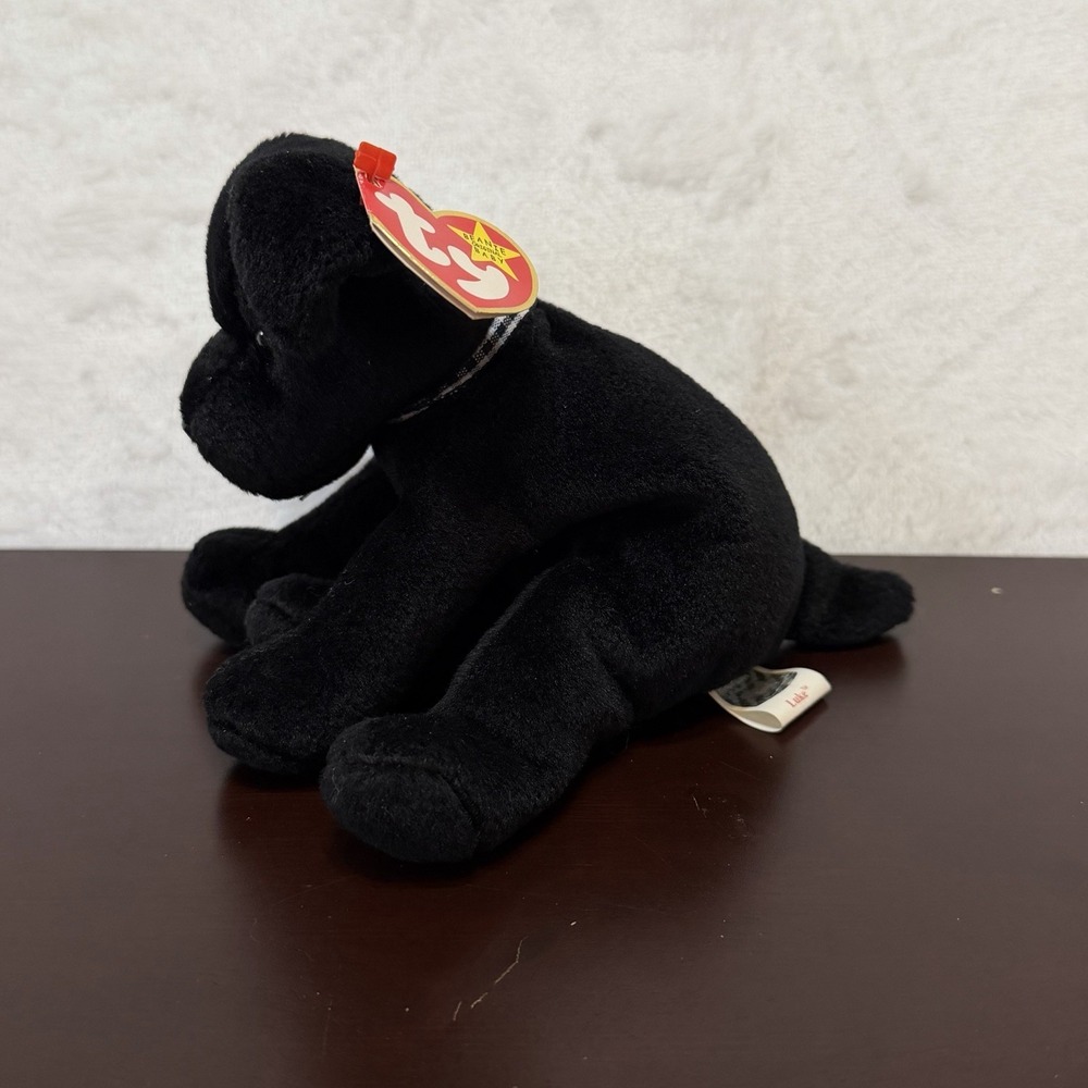 TY Beanie Baby Dog Luke the Black Lab Mint Heart Tag Checkered Bow 1998